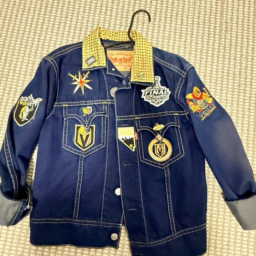 Vegas Golden Knights Custom Fan Jacket levi Denim with patches & Gold Accents